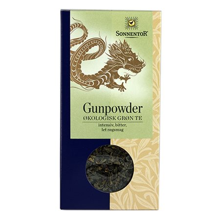 En æske med Økologisk Kinesisk Grøn Gunpowder te fra Sonnentor