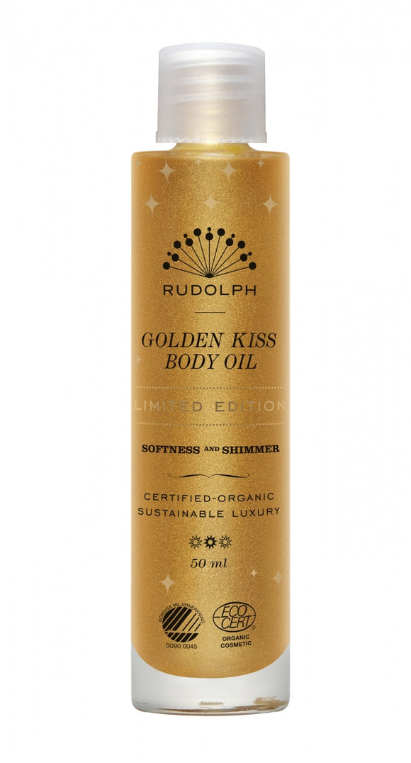 En 50 ml flaske Golden Kiss Body Oil fra Rudolph Care