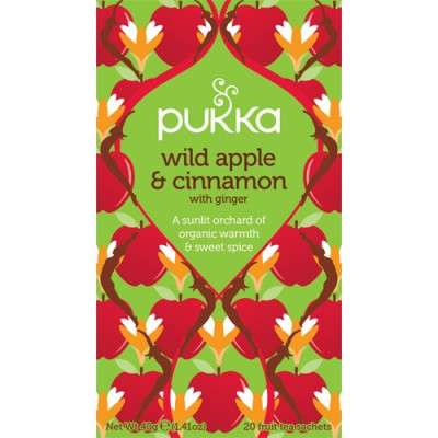 En æske med 20 breve Økologisk te med Wild Apple og Cinnamon fra Pukka