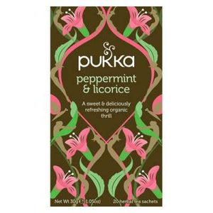 En æske med 20 breve Økologisk te med Peppermint og Lakrids fra Pukka