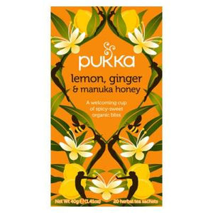 En æske med 20 breve Økologisk te med Lemon, Ginger og Manuka fra Pukka
