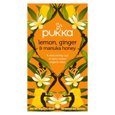 En æske med 20 breve Økologisk te med Lemon, Ginger og Manuka fra Pukka