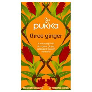 En æske med 20 breve Økologisk te med Three Ginger fra Pukka