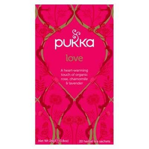En æske med 20 breve Økologisk te med Love fra Pukka