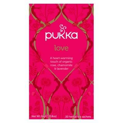 En æske med 20 breve Økologisk te med Love fra Pukka