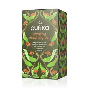 En æske med 20 breve Økologisk te med Ginseng Matcha Green fra Pukka
