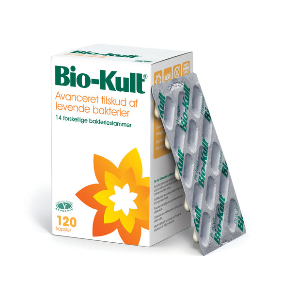 En æske Levende mælkesyrebakterier fra Bio-Kult med 120 kapsler.