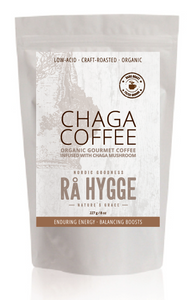 Forsiden af en pose Kværnet Filter kaffe med Chaga fra Gaia Trade Nordic