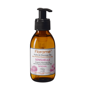 En flaske Sensual massageolie fra Florame med pumpe