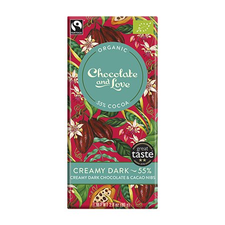 En 80 g bar Creamy dark 55 % fra Chocolate and Love