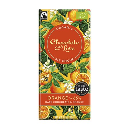 En 80 g bar Orange 65% fra Chocolate and Love