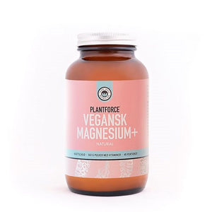 En 160 g bøtte Vegansk Magnesium Plus med Natural fra Plantforce