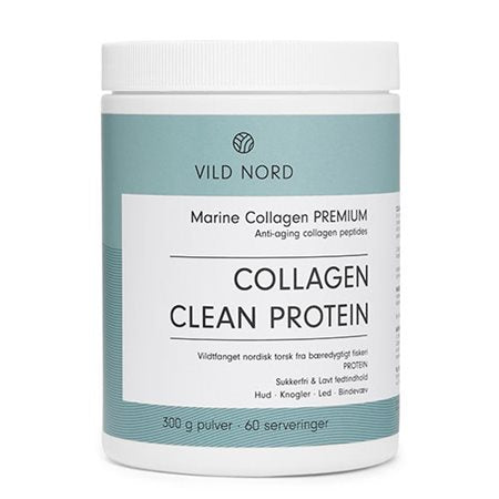En 300 g beholder med Collagen med Clean Protein fra Vild Nord