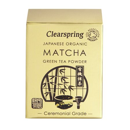En æske Ceremonial grade Matcha grøn te pulver fra Clearspring