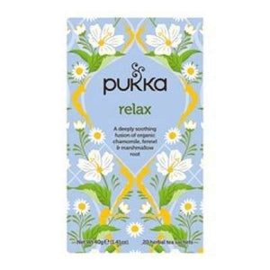 En æske med 20 breve Økologisk te med Relax fra Pukka