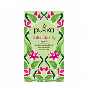 En æske med 20 breve Økologisk te med Tulsi Clarity fra Pukka