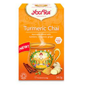 En æske med 17 breve Økologisk Turmeric Chai te fra Yogi Tea