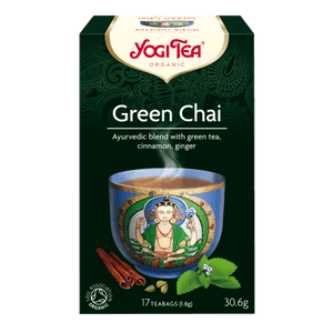 En æske med 17 breve Økologisk Green Chai te fra Yogi Tea