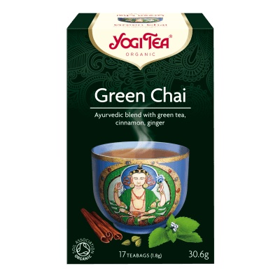 En æske med 17 breve Økologisk Green Chai te fra Yogi Tea
