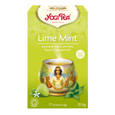 En æske med 17 breve Økologisk Lime Mint te fra Yogi Tea