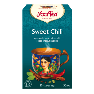 En æske med 17 breve Økologisk Sweet Chili te fra Yogi Tea
